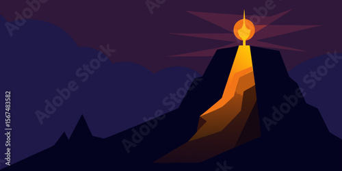 Eruption Night Volcano Illustration, Fiery Mountain Peak