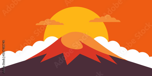 Majestic Sunset Over Volcanic Mountain Peak A Serene Landscape Illustration