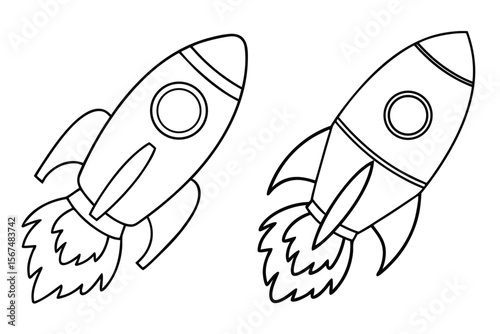 Two simple line art rockets blasting off spacecraft space