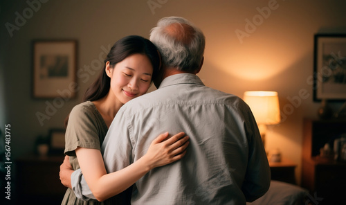Lovely adult daughter embracing senior father from beahid