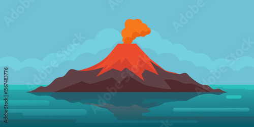 Volcanic Eruption Island Volcano with Lava Flowing into Ocean