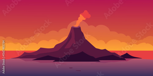 Volcanic Sunset Erupting Volcano Island at Dusk