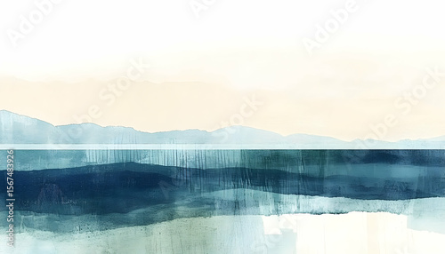 Abstract Seascape with Distant Mountains and Horizontal Bands of