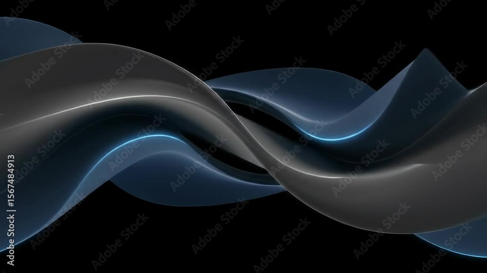 Abstract Flowing Shapes: Dynamic Blue and Gray Waves on Black Background