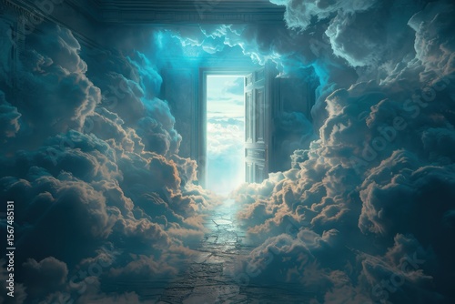 Surreal open door in a dark room revealing a bright, heavenly sky surrounded by dramatic clouds and glowing light.