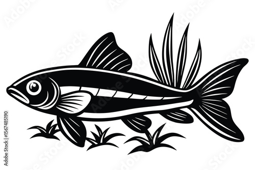 Black and white illustration of a fish swimming among aquatic plants vector