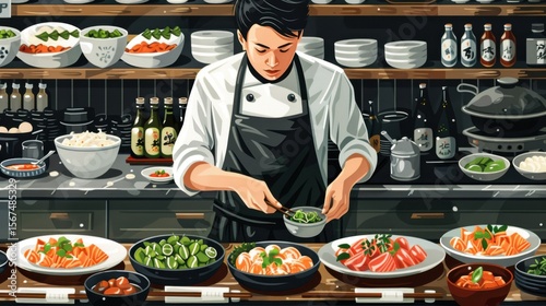 Vector-style chef carefully plating sushi and other Japanese dishes at a counter surrounded by ingredients and sauces.