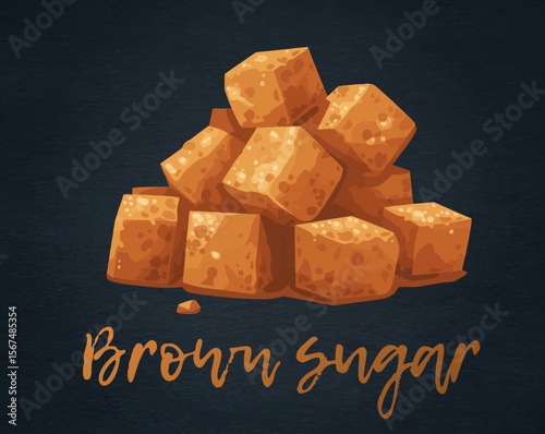 Brown Sugar Cubes Vector Illustration Isolated on a black chalkboard. Cubes are in a soft brown color with a gradient effect. Tiny, white speckles are scattered throughout the cube the natural molasse