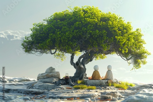 Minimalist scene of two monks sitting under a large bonsai tree on rocky terrain, conveying calm, reflection, and harmony.