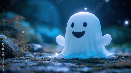 A cheerful glowing ghost character floats in a magical forest setting, creating a spooky yet adorable cartoon scene.
