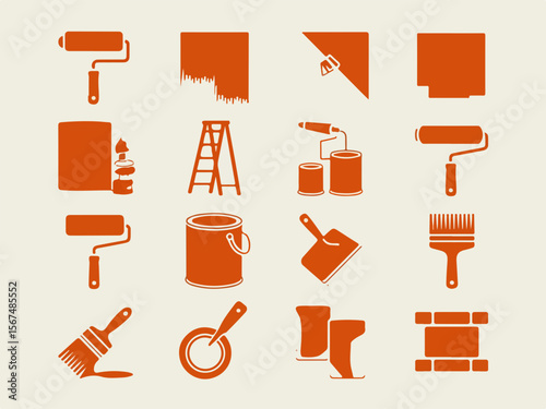 Collection of orange painting and renovation tools including paint rollers brushes paint cans ladder and brick wall elements presented in a clean graphic silhouette style