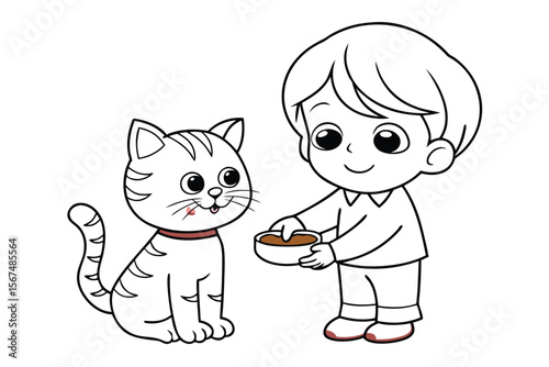 Child feeding striped cat brown food bowl vector