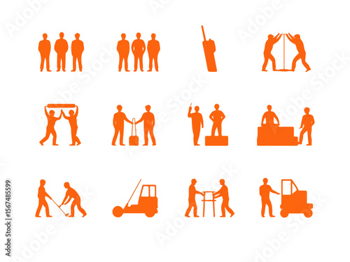 Collection of orange human figures and work related activities depicted in a clean modern silhouette style against a black background representing teamwork and collaboration silhouette