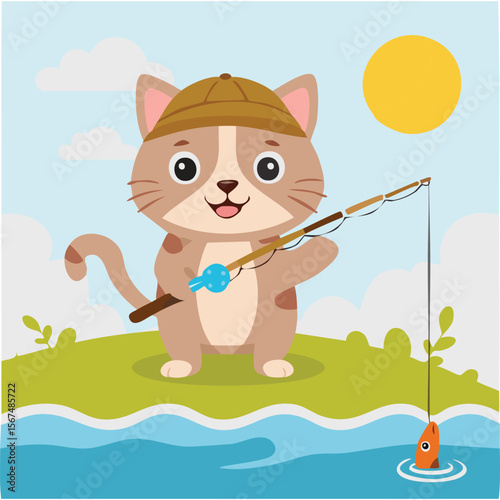 Cute fishing cat flat vector