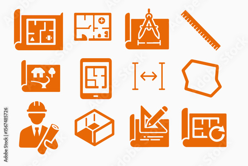 Collection of orange architectural and construction design icons representing blueprints floor plans site plans a builder a ruler a compass measurements and a 3d model silhouette
