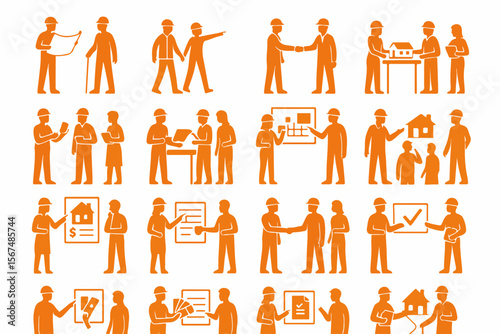Diverse group of construction workers and architects collaborating on building projects presenting plans discussing blueprints and shaking hands in a clear silhouette style