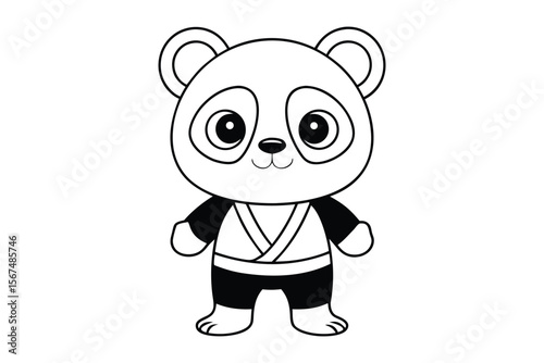 A cute panda bear in a martial arts uniform black and white