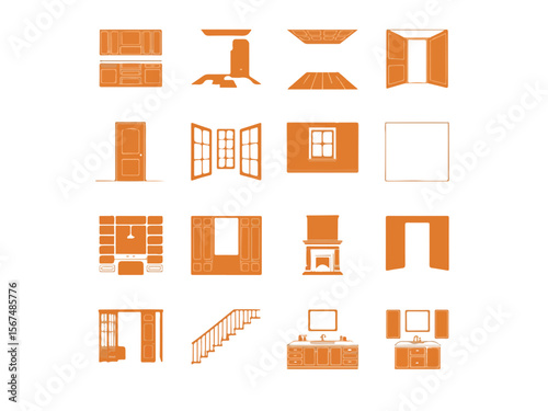 Collection of interior design elements and architectural features depicted as clean orange silhouettes on a black background showcasing doors windows fireplaces stairs and cabinetry silhouette