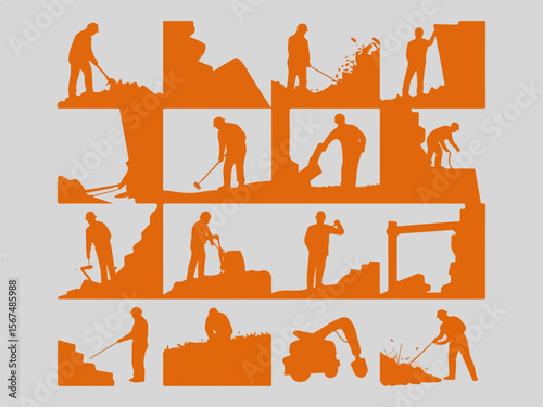 Collection of orange construction worker silhouettes engaged in various demolition and digging activities with tools and machinery against a neutral background silhouette