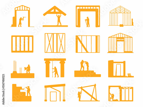 Collection of orange construction and building process icons showing workers engaged in various architectural and structural assembly tasks silhouette
