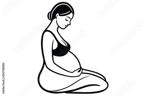 Pregnant woman sitting with hands on belly vector