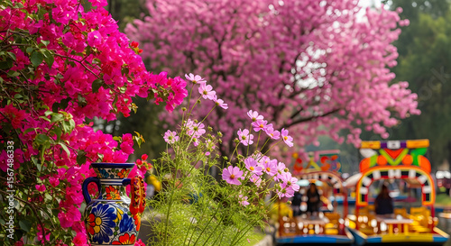 Vibrant Blossoms and Colorful Boats A Stunning Spring Scene in Xochimilco