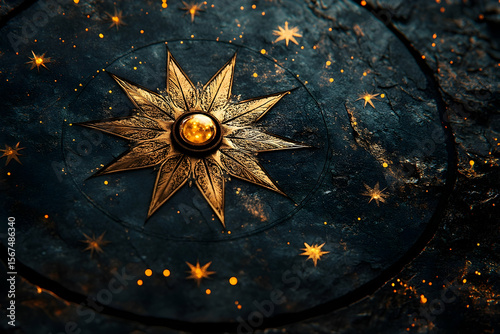 Golden Starburst on Textured Surface with Glowing Celestial Orbs