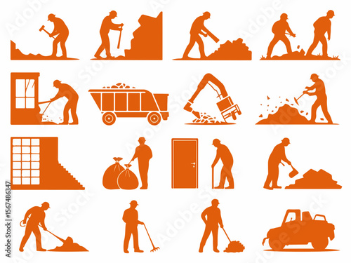 Collection of construction and demolition icons depicting workers with tools heavy machinery debris removal and transportation in a clean orange silhouette style