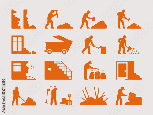 Collection of orange construction and demolition icons depicting workers with tools debris removal and building elements in a clean modern silhouette style