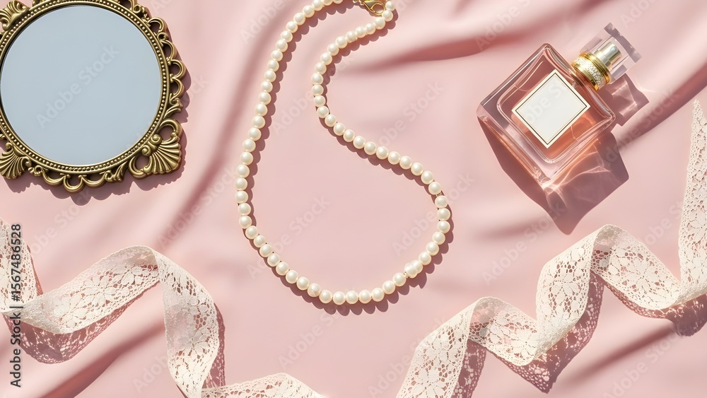 Fototapeta premium Flat Lay of Coquette Aesthetic Accessories on Pink Fabric