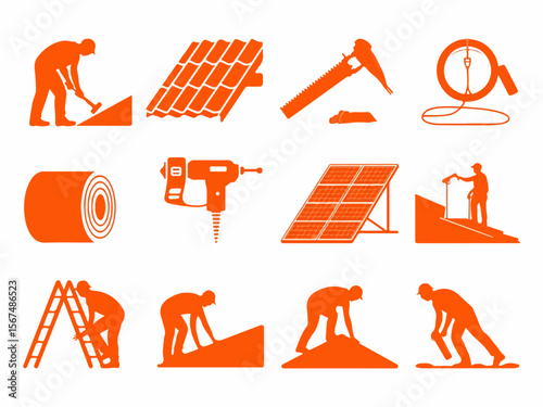 Collection of construction and roofing industry icons featuring workers performing various tasks with tools and materials presented in a clean orange silhouette style