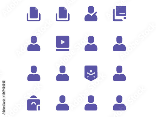 Collection of modern flat design icons representing user profiles files video playback downloads shopping bags and a shield emblem all in a simple silhouette style