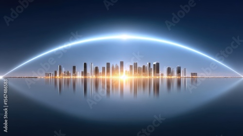Night Cityscape with Glowing Lights and Water Reflection
