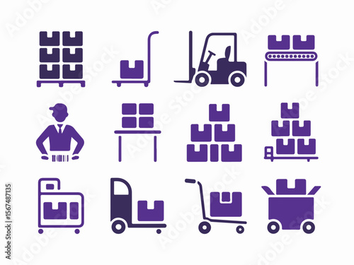 Collection of warehouse and logistics icons featuring a forklift pallet jack hand truck worker with barcode scanner conveyor belt and stacked boxes in a clean modern silhouette style
