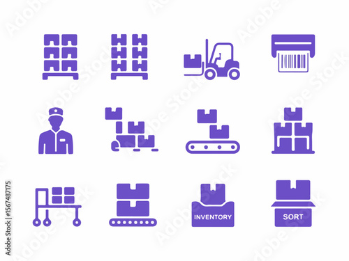 A collection of purple warehouse and logistics icons including shelving a forklift barcode scanner worker pallet jack conveyor belt inventory and sorting boxes silhouette
