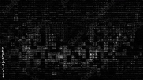 Black and white glitch effect with grid lines, blocks, and vertical and horizontal noise on transparent background, resembling screen interference and digital distortion.