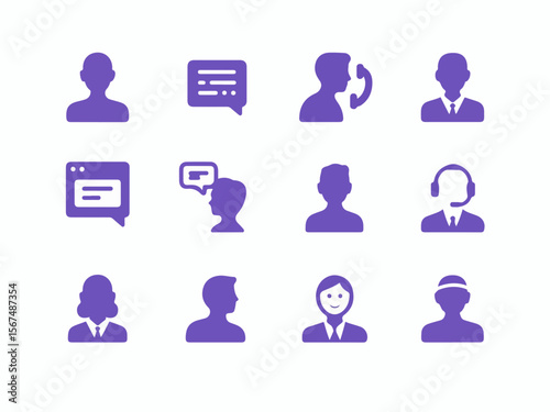 Collection of purple communication and people icons showing customer service conversation and professional interaction in a clean silhouette style
