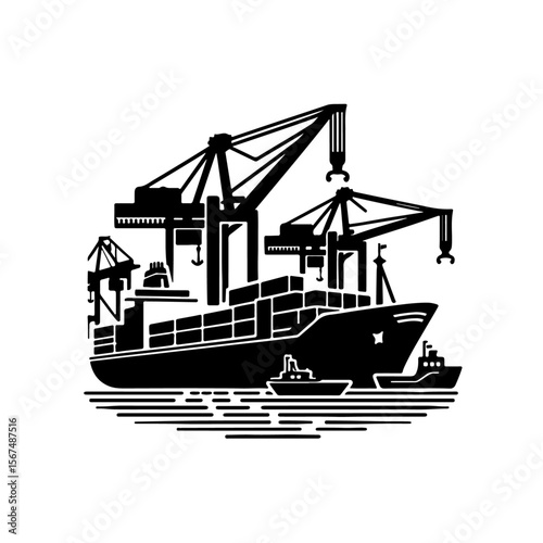 silhouette of Cargo ship  and port crane 