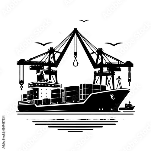 silhouette of Cargo ship  and port crane 