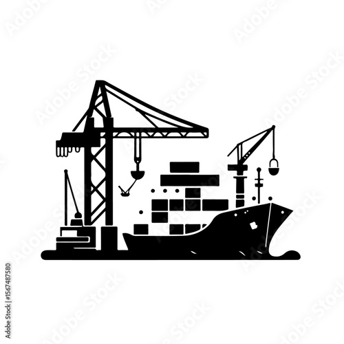 silhouette of Cargo ship  and port crane 