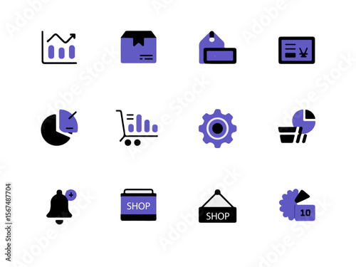 Collection of modern flat design icons representing business analytics e commerce finance and settings presented as a simple silhouette on a dark background