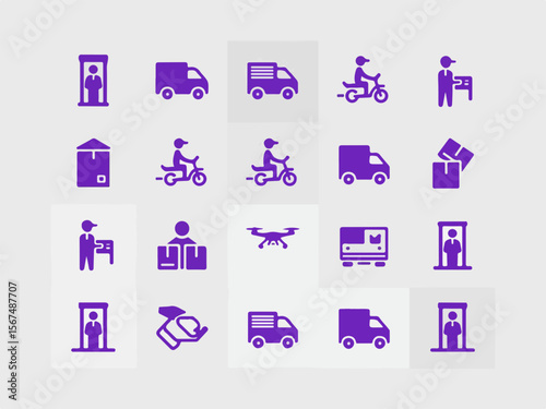 Collection of purple delivery service icons featuring vans motorcycles drones and couriers in a clean graphic silhouette style on a light gray background