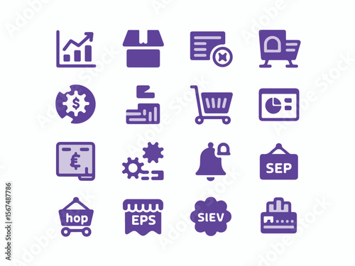 Collection of purple business and finance icons including a bar graph shopping cart delivery truck euro symbol gears bell and september sign in a clean silhouette style