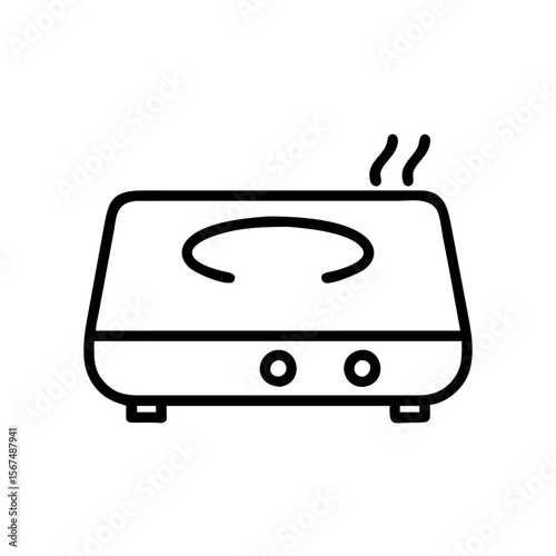 Induction cooker appliance with steam in minimalist outline style  