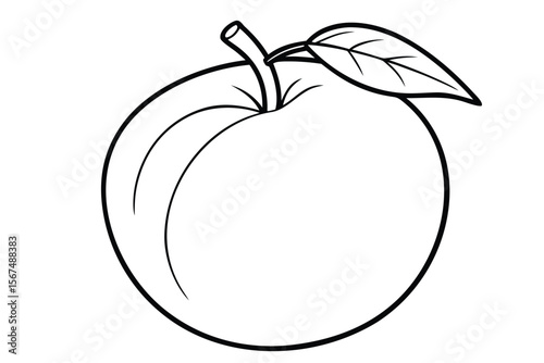 A simple line drawing of a peach with a stem and leaf fruit line art
