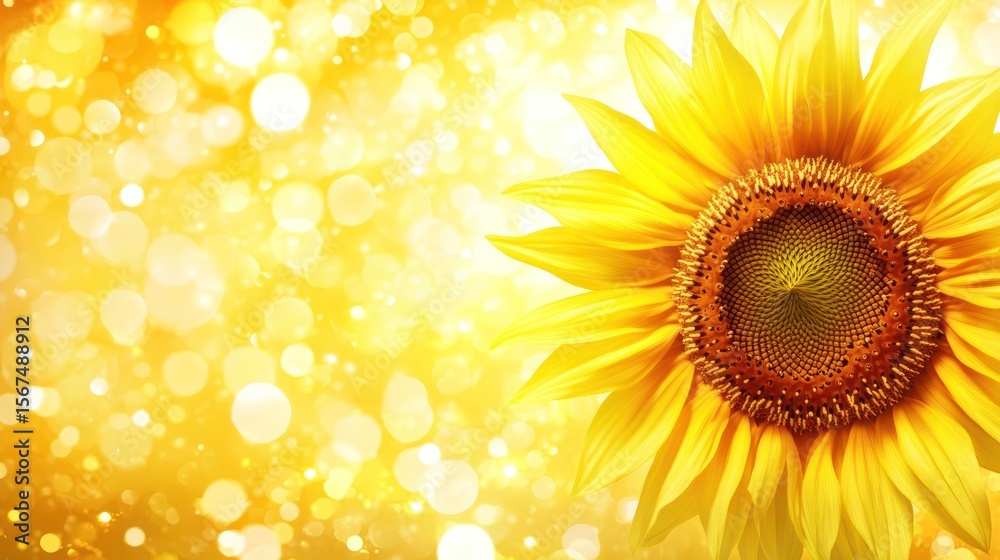 Fototapeta premium Radiant Sunflower Bloom on Golden Bokeh Background, Summer Joy