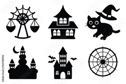 Black silhouettes of halloween icons Ferris wheel