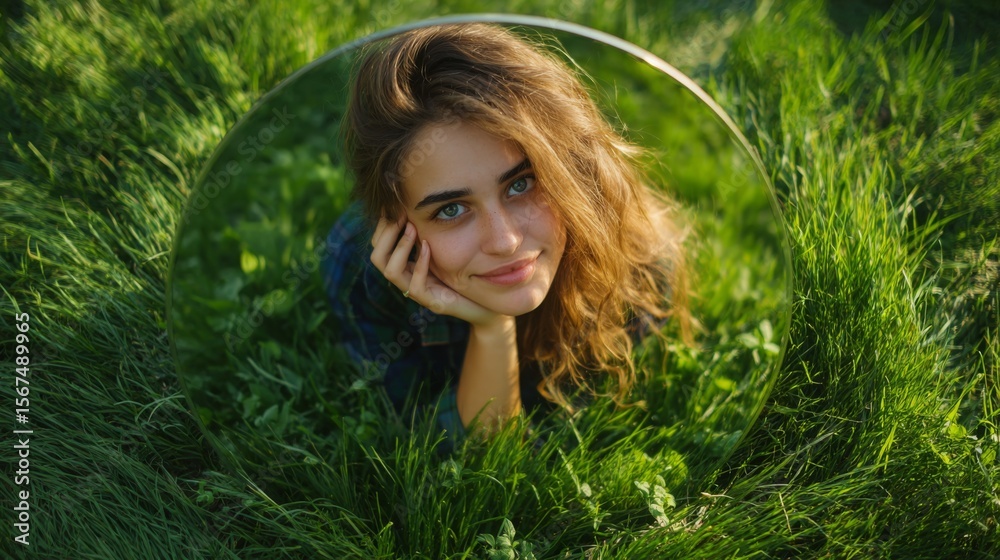 Young woman with long hair enjoying a sunny day while posing in a reflective circle surrounded by lush grass Young woman with long hair enjoying a sunny day while posing in a reflective circle surrounded by lush grass