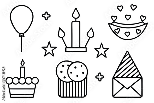 Balloon candle cake cupcake envelope party hat stars hearts vector
