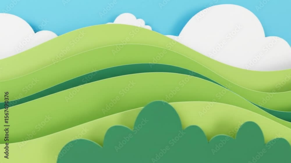 Cartoon-style rolling hills with deep green tones and clouds in the sky, suitable for kids animation, landscape scenes, or eco-themed content in a playful visual background.